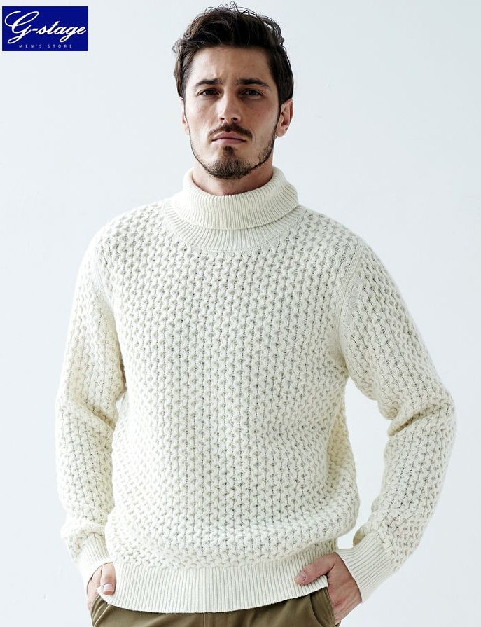 デザイン編みタートルネックウール混タートルセーター　ホワイト　ブルー　マスタード 670721 G-stage(ジーステージ)
